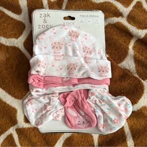 Zack & Zoey Bunny Print Hat and Mittens Set - Pink and White
